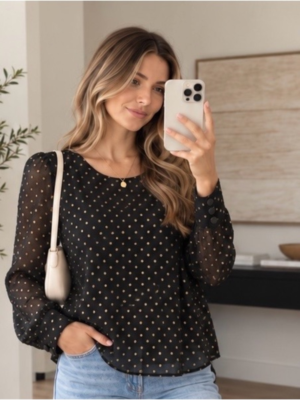 J. Crew Black Blouse with Gold Dot Print